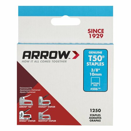 Arrow Fastener Heavy Duty Staples, Flat Crown, 3/8 in Leg L, Steel 50624